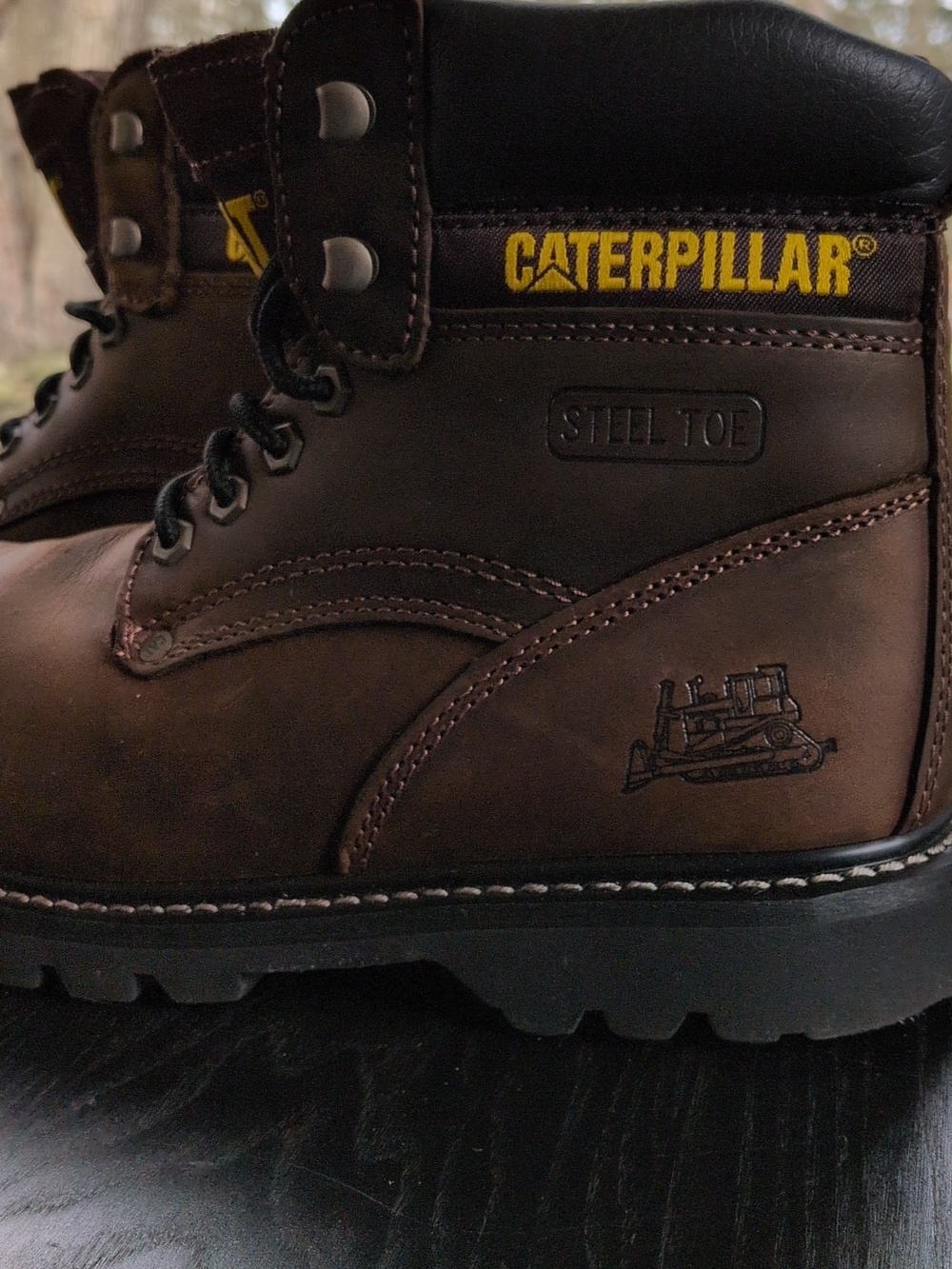NEW! Caterpillar Brown Leather Work Boots with Black Laces and Yellow Logo